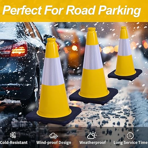 BESEA 4Pack 18 Inch Yellow Traffic Cones with 6 Inch Reflective Collar, Heavy Duty PVC Safety Cones with 10.5 x 10.5 Inch Base for Parking, Driving Practice, Sports Training, and Construction