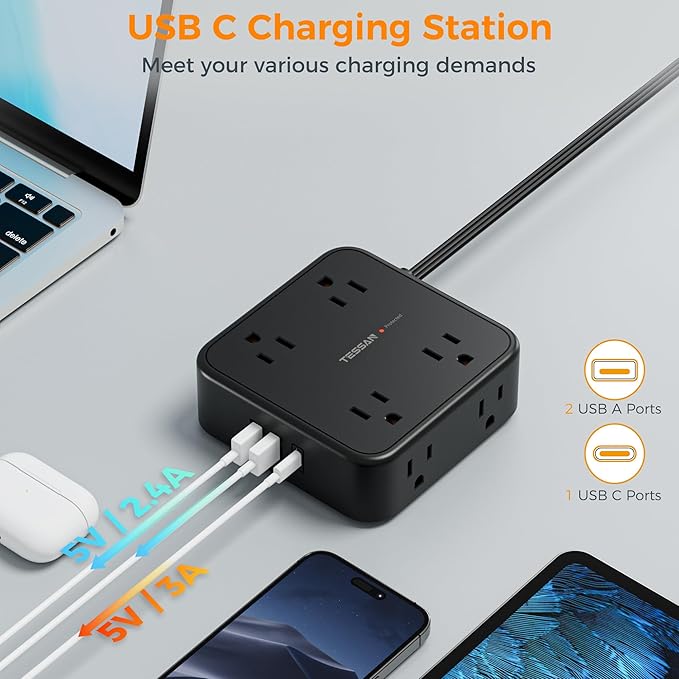 TESSAN Surge Protector Power Strip Black, 5 Ft Flat Plug Extension Cord with 3 USB (1 USB C) 8 Outlets, 900J Surge Protection, 3 Sided Outlet Extender with Power Switch for Office, Dorm Room