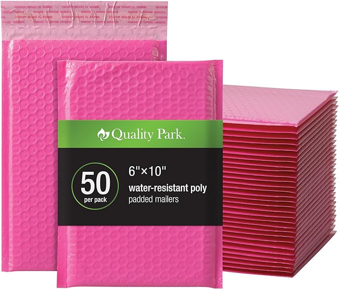 Quality Park Bubble Mailers, 6 x 9 Inch, Pink Poly Mailers, Padded Envelopes, Shipping Envelopes, Water Resistant, Self Seal, 50 Per Box (QUA85858)