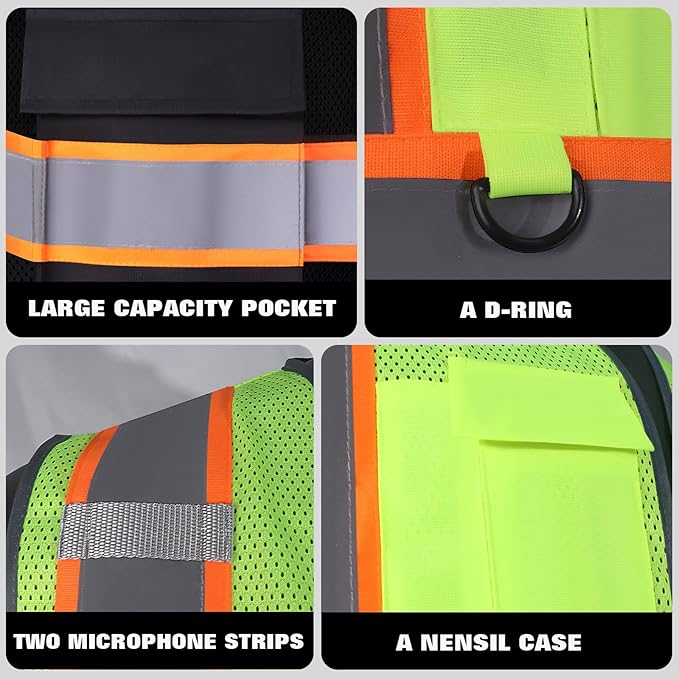 Custom Safety Vest with Logo Pockets High Visibility Reflective Vests Construction Security Workwear