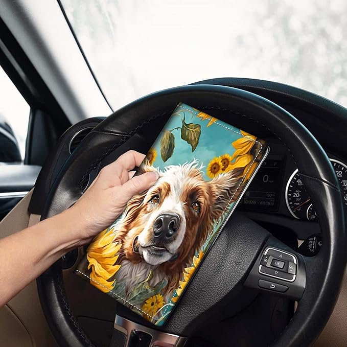 Car Registration and Insurance Holder, Leather Car Glove Box Organizer, Cool Car Accessories for ID, Driver's License Cards & Essential Document,business cards,Men&WomenDog Sunflower