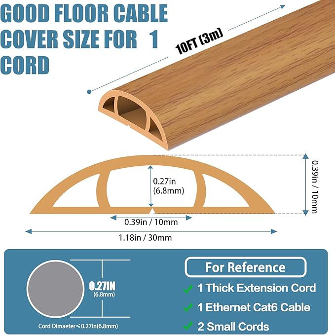 Floor Cord Covers for Wires 10FT Cable Hider Wire Cover Self Adhesive Cord Hider Floor for Offices, Homes, Workshops, Warehouses Cable Cavity 0.39" W x 0.27" H