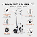 VEVOR Aluminum Truck, 2 in 1, 800 lbs Load Capacity, Heavy Duty Industrial Convertible Folding Hand Truck and Dolly, Utility Cart Converts from Hand Truck to Platform Cart with Rubber Wheels