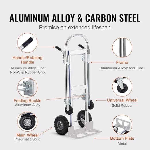 VEVOR Aluminum Truck, 2 in 1, 800 lbs Load Capacity, Heavy Duty Industrial Convertible Folding Hand Truck and Dolly, Utility Cart Converts from Hand Truck to Platform Cart with Rubber Wheels
