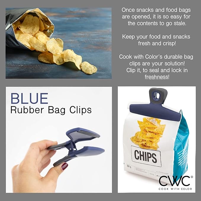 COOK WITH COLOR Food Clips - Wide Heavy Duty Chip Clips, Large Bag Clips for Food Storage with Air Tight Seal Grip, Pack of 8, Blue