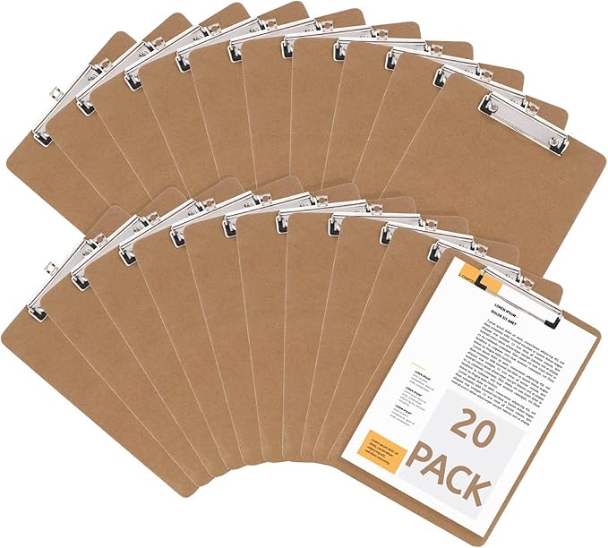 YOUEON 20 Pack Hardboard Office Clipboards, 9 x 12.5 Inch Letter Size Clipboard with Low Profile Clip & Hangable Loop, Clip Boards for Home Office School Hospital Supplies