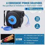 VEVOR 30FT Retractable Extension Cord Reel, 16AWG/3C SJTOW Heavy Duty Power Cord w/Lighted Electrical Triple Tap Outlets, 10A Circuit Breaker, 180° Swivel Bracket for Workshop or Garage, Blue
