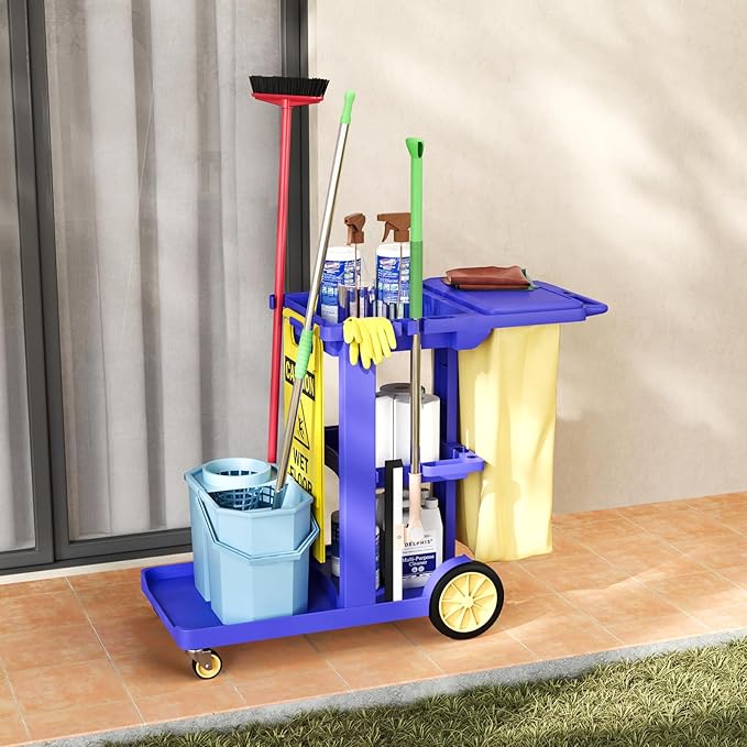 Nisorpa Commercial Janitorial Cart, 3-Shelf Housekeeping Cart, High Capacity Cleaning Cart, Utility Clean Trolley with Wheels and 25 Gallon Vinyl Bag 44.5", for Business/School/Office Cleaning