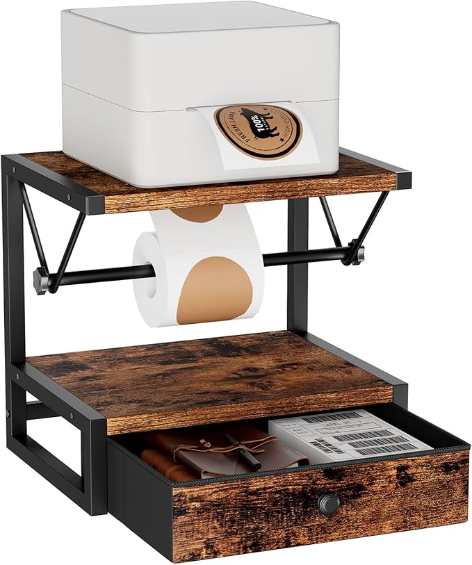 IBUYKE Label Holder for Rolls and Fan-Fold Labels,Wooden Thermal Shipping Label Stand With Drawer Desktop Printer Holder for Home, Office, Small Business,Brown TPS003H