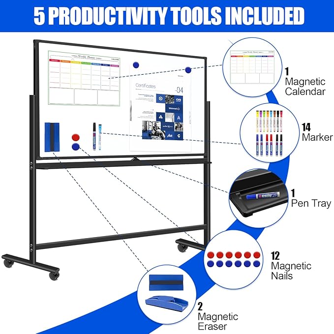 Mobile Whiteboard 60x48 Magnetic Dry Erase Board with Stands, Large Rolling White Boards on Wheels, Double-Sided Standing Whiteboard, 5' x 4' Easel Stand White Board for Office Home Classroom