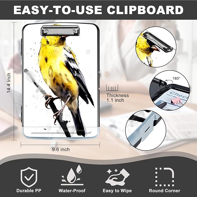 Heavy Duty Plastic Storage Clipboard with Low Profile Clip, Pen Holder, Teacher Must Haves, Office Supplies, Yellow Bird on Branch