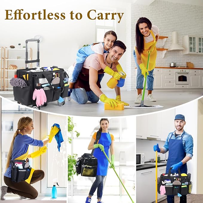 Rolling Cleaning Caddy Bag with Detachable Trolley, Multi-Functional Portable Cleaning Cart Supplies Organizer for Housekeeping and Domestic Cleaning, Cleaning Caddy with Wheels, Black