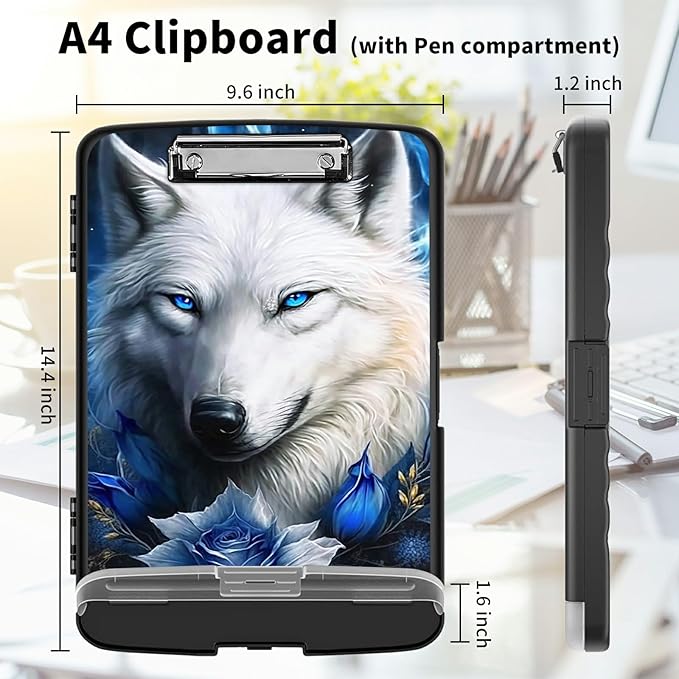 Clipboard with Storage High Capacity Plastic Nursing Clipboards with Pen Holder File Folder Storage Box Clipboard with Heavy Duty Clips for Teacher,Doctor,Offices-Bule Rose Wolf