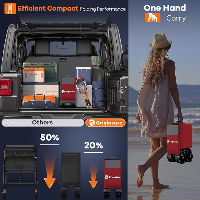 48" L Collapsible Wagon Cart Foldable, 560lbs Weight Capacity 300L Heavy Duty Folding Beach Wagons with Big All-Terrain Wheels, Utility Carts for Groceries, Shopping, Camping, Sports - Grey&Red