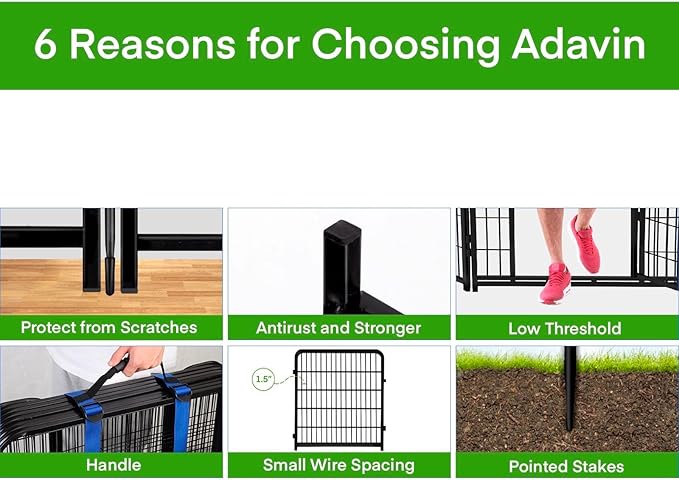 ADAVIN Dog Playpen with Low Threshold Door, 40 inch 4 Panels Total 8.9 Ft(L) Garden Fence, Dog Fence Outdoor for Yard, Black Metal Portable Pet Playpen for Large Medium Small Dogs, Dog Fencing