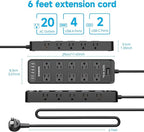 Flat Plug Power Strip Surge Protector with 20 AC Outlets 6 USB Ports, 1875W/15A, 2700 Joules, 6 Ft Heavy Duty Extension Cord with Multiple Outlets for Home, Office, Dorm, Gaming,ETL Listed