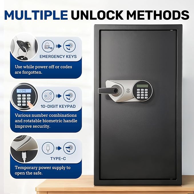 BlackSmith Large Home Safe 3.9 Cub Fingerprint Security Safe with LCD Display Dual Alarm Adjustable Shelves Wall Mount Lock Box Secure Money Jewelry with Individual Lockbox LED Light, Black