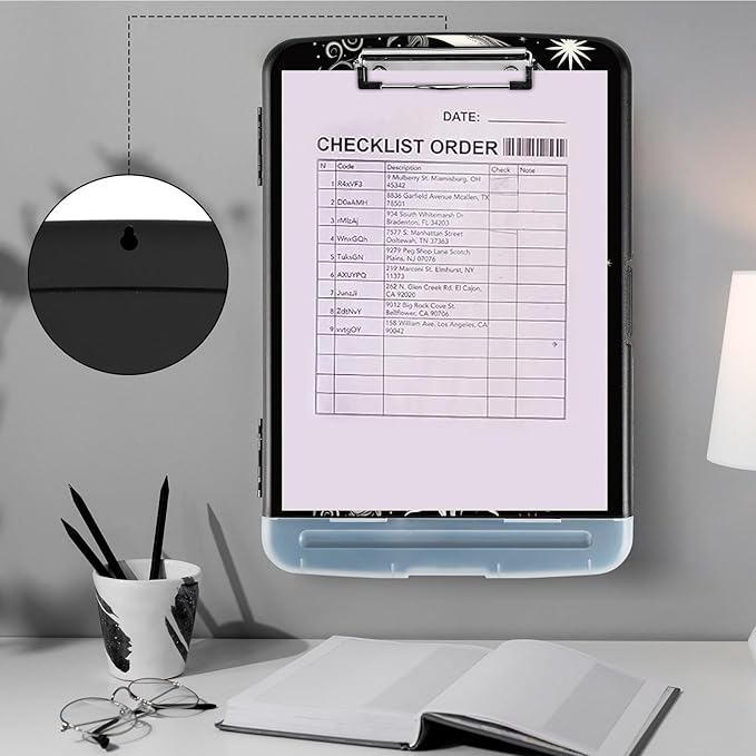Clipboard with Storage,Heavy Duty Plastic Storage Clipboard with Low Profile Clip,Teacher Must Haves,Office Supplies,Soon Moon Stars Black
