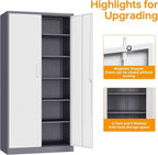 STANI Metal Garage Storage Cabinet with Lock, 71" Steel Lockable File Cabinet, Locking Steel Storage Shelf with 5 Adjustable Shelves for Home, Office, Warehouse, Garage, School (White+Grey)