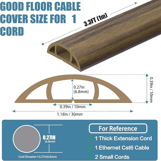 Floor Cord Covers for Wires 3.3FT Cable Hider Wire Cover Self Adhesive Cord Hider Floor for Offices, Homes, Workshops, Warehouses Cable Cavity 0.39" W x 0.27" H