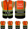 5 Pack Custom Mesh Safety Vest Customized Logo Class2 High Visibility Reflective Vest with Pockets Construction workwear（Orange Black，3XL ）