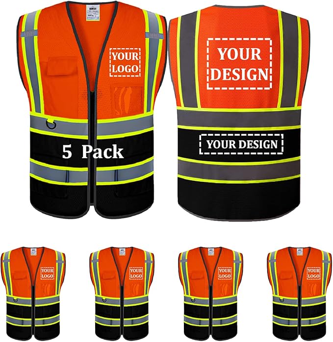 5 Pack Custom Mesh Safety Vest Customized Logo Class2 High Visibility Reflective Vest with Pockets Construction workwear（Orange Black，4XL ）