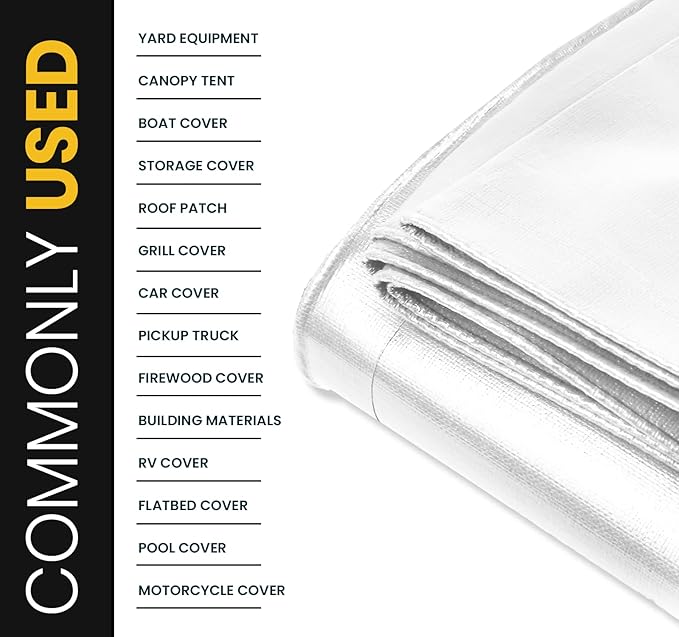 PROTARP Extra Heavy Duty 16 Mil Tarp Cover, Waterproof, UV Resistant, Rip and Tear Proof, Poly Tarpaulin with Reinforced Edges for Roof, Camping, Patio, Pool, Boat. (White 12′ X 16′)