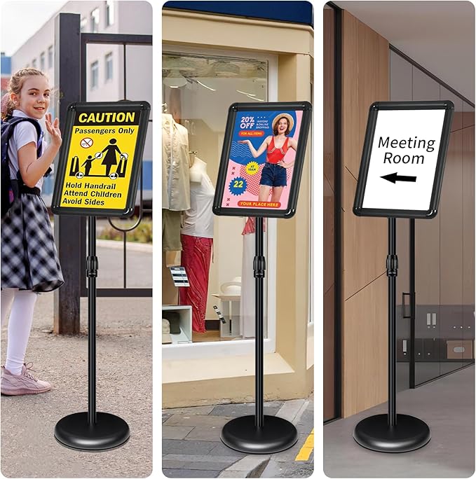 6Pack Adjustable Pedestal Sign Holder - 11''x17'', Floor Standing Poster Stand for Vertical/Horizontal View, Outdoor/Indoor Sign Holders (Black, Round)