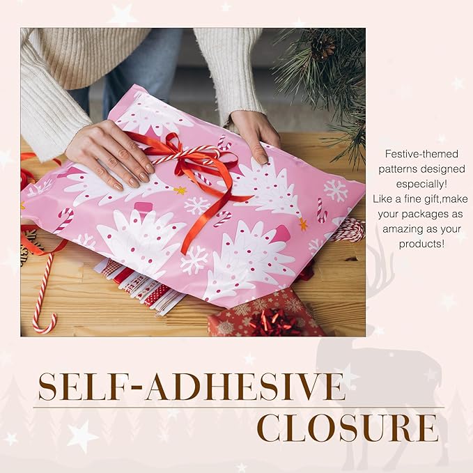 Metronic Christmas Poly Mailers 14.5x19" 50 Pack, Pink Christmas Tree Large Shipping Bags for Clothes, Cute Snowflake Shipping Envelopes Mailers Poly Bags with Self Seal for Small Business