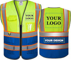 BeautyWill Custom Safety Vest Customized Logo Mesh Vest Class2 High Visibility Reflective Vest with Pockets Blue workwear（Yellow Blue，XXL ）