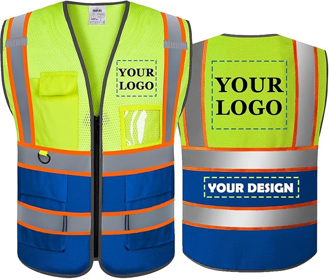 BeautyWill Custom Safety Vest Customized Logo Mesh Vest Class2 High Visibility Reflective Vest with Pockets Blue Workwear（Yellow Blue，L）