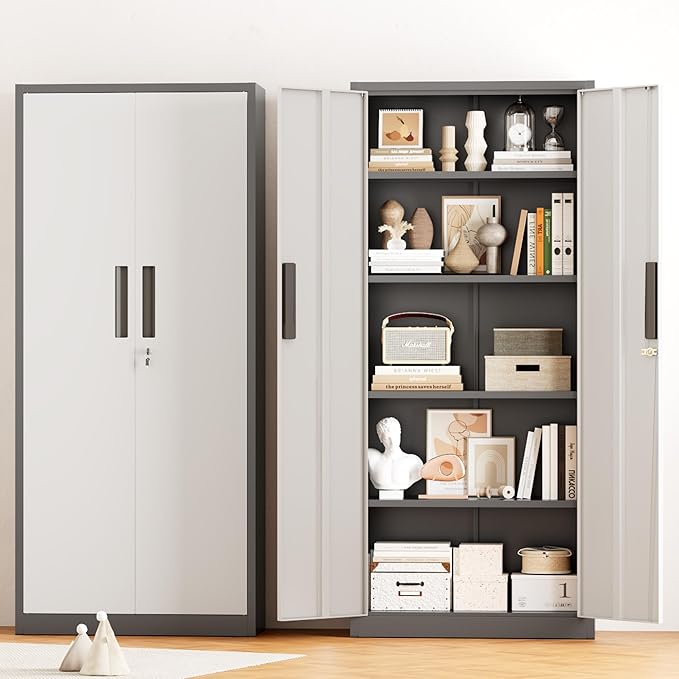 Greenvelly Metal Storage Cabinet, 63" H Locking Metal Storage Cabinet with Doors and 4 Shelves, Lockable Steel Cabinets for Kitchen, Bedroom, Living Room, Office (White Grey)