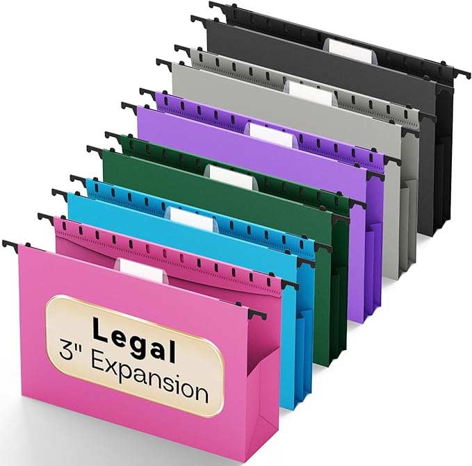 Legal Size Hanging File Folders,6 Pack Heavy Duty 3" Expanding Pocket,Reinforced High Capacity Plastic Legal Files,Sturdy Hang Folders with Tabs,Filing Cabinet Folder for Bulky Files,Colored