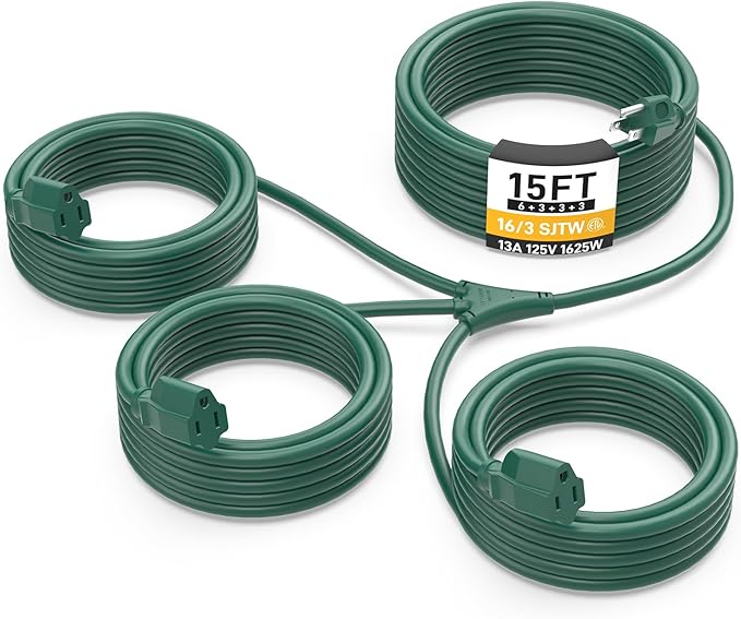 15FT Outdoor Green Extension Cord with Multiple Outlets, Evenly Spaced 3 Outlets, Light Duty 16/3 SJTW Cable with Grounded Plugs, 13AMP 1625W 125V 16AWG, ETL Listed