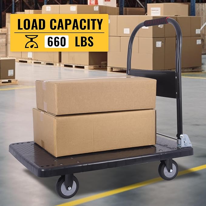Hand Cart 660 lbs, Push Cart Dolly Black, Capacity Platform Truck Foldable Platform Cart Upgraded Heavy Duty Moving Cart with PU Wheels for Home Garden Warehouse Garage Workshops