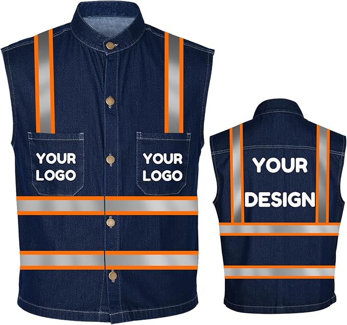 YOWESHOP Men's Reflective Safety Denim Vest，Custom Safety Outdoor Denim Work Vest with Hi-Vis Stripes for Night Commute