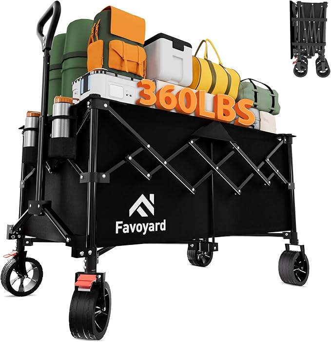 Favoyard Extra Large Collapsible Wagon Carts Foldable 360LBS Heavy Duty Beach Wagons with Big Wheels & Brakes Portable Folding Cart for Shopping Grocery Utility Sports Garden Camping Outdoor, Black