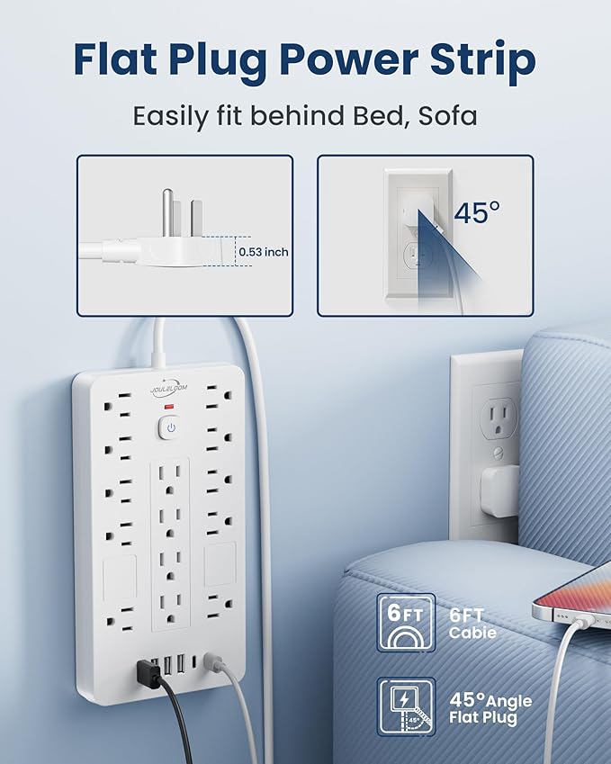 Surge Protector Power Strip-14 Outlets and 6 USB Ports, 6 Feet Flat Plug Extension Cord, 1850 Joules, White, ETL Listed for Home, Office, Dorm Room