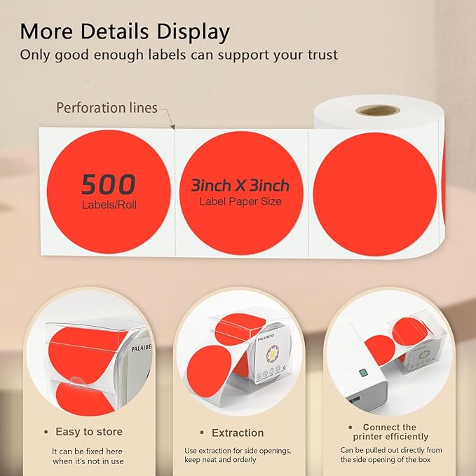 3 X 3 Inch Round Thermal Labels Circle Color Coding Labels Printable Waterproof 500PCS Round Stickers Adhesive Writable for Office, Garage, DIY Sticker, Barcodes, Name Tag, Fluorescent Red