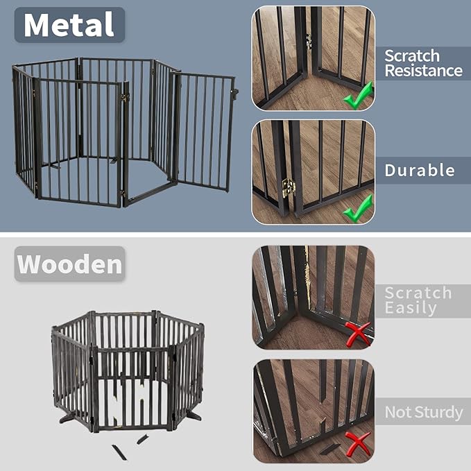 Metal Freestanding Dog Gates with Door for Outdoor Indoor,80'' Extra Wide 32'' Tall Free Standing Dog Gate for Doorways,Large Openings,Deck,Yard,Foldable Safety Pet Fence(Black,4 Panels)