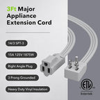 BN-LINK 3 ft Appliance Extension Cord 15-Amp Heavy Duty Power Cord, 14/3 SPT-3, 3 Prong Grounded Flat Plug, for Indoor Air Conditioner, Refrigerator and All Major Appliances