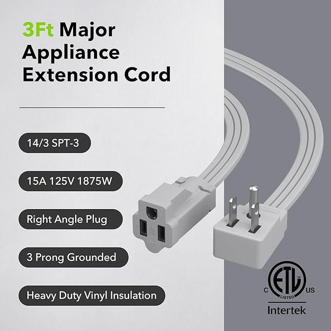 BN-LINK 3 ft Appliance Extension Cord 15-Amp Heavy Duty Power Cord, 14/3 SPT-3, 3 Prong Grounded Flat Plug, for Indoor Air Conditioner, Refrigerator and All Major Appliances