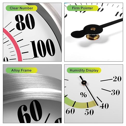12'' Indoor Outdoor Thermometer Hygrometer - Premium Steel Outdoor Thermometer Large Numbers, Hanging Wall Thermometer Hygrometer for Home, Garden, Patio (No Battery Required)