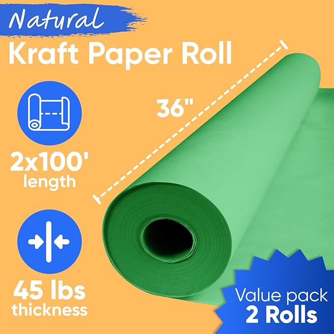 36" x 1200" (100 ft) Green Kraft Paper Roll (Value Pack of 2), 45 lbs Thickness, Made in USA Colored Craft Paper for School, Bulletin Board - Odorless, Non-Toxic, Safe for Kids
