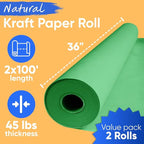 36" x 1200" (100 ft) Green Kraft Paper Roll (Value Pack of 2), 45 lbs Thickness, Made in USA Colored Craft Paper for School, Bulletin Board - Odorless, Non-Toxic, Safe for Kids