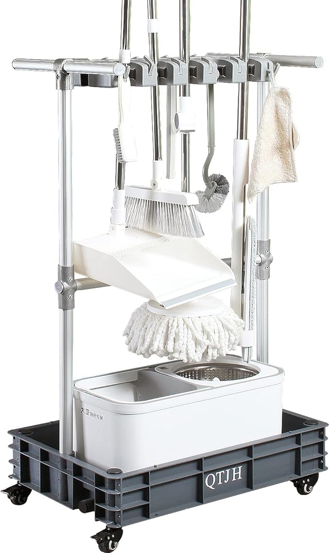 Broom mop holder cleaning supplies organizer janitorial carts on wheels housekeeping station storage tools for garage, garden, closet, cabinet.