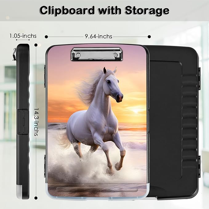 Clipboard with Storage,Office Supplies Nursing Clipboards Folder with Pen Holder Plastic Storage ClipBoard Foldable for Teacher Nurse,Sunset Horse