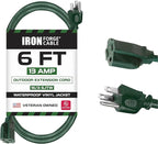 Iron Forge Cable Weatherproof 6 Ft Outdoor Extension Cord - 16/3 SJTW Heavy Duty Green Extension Cord 3 Prong - 13 Amp Exterior Power Cable
