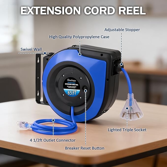 65Ft Heavy Duty Cord Reel, Retractable Extension Cord, 12AWG/3C SJTOW, Lighted Triple Tap Outlets 15A Circuit Breaker, Wall/Ceiling Mounted, Adjustable Stopper UL Listed Blue