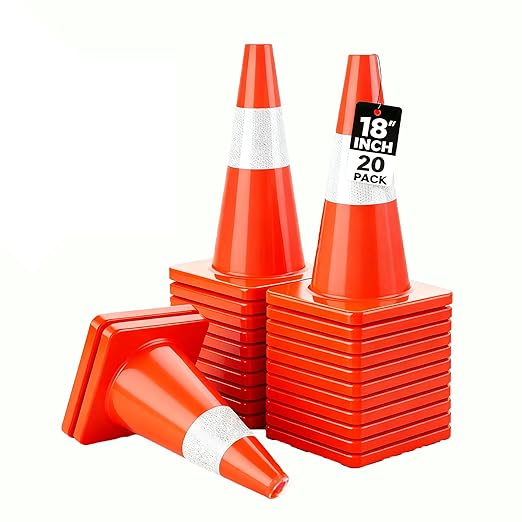 20 Pack 18" Traffic Cones, Orange Safety Cones with Heavy Stable PVC Base Reflective Collars, Multi-Use Parking Cones for Road Construction, Parking Lots, Driveway Marking